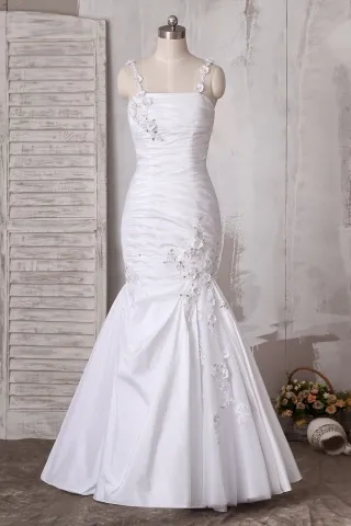 beaded flower straps ruched taffeta mermaid wedding dress