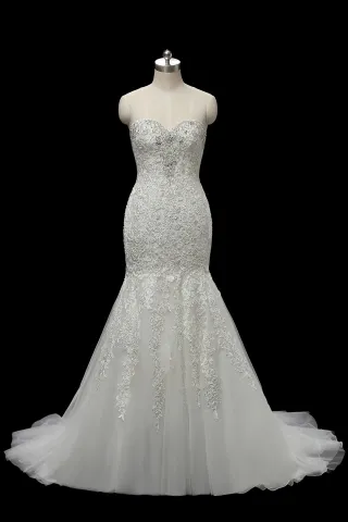 beaded lace strapless sweetheart trumpet wedding dress