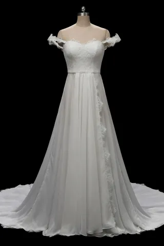 ivory flowy lace chiffon off shoulder beach wedding dress