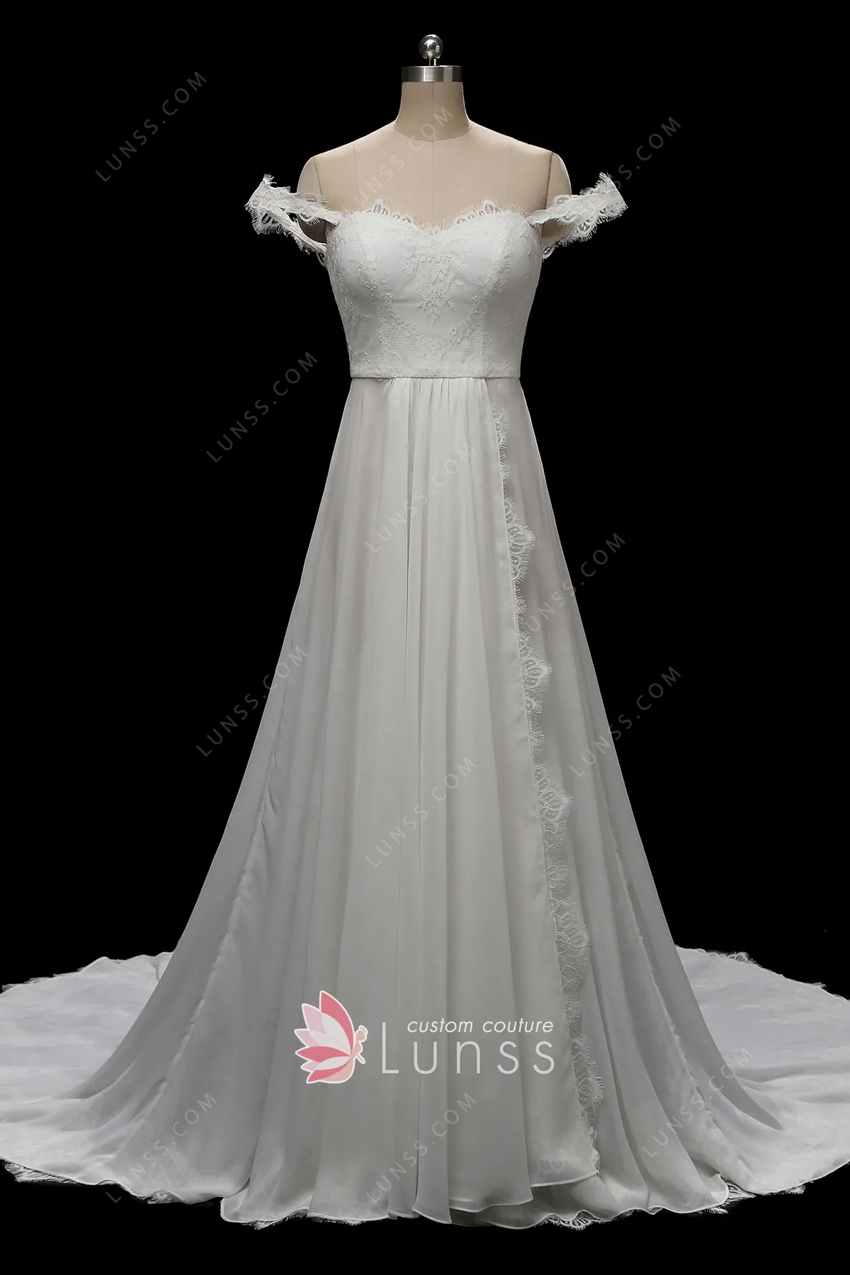 Off Shoulder Ivory Chiffon A-line Beach Wedding Dresses. AB061