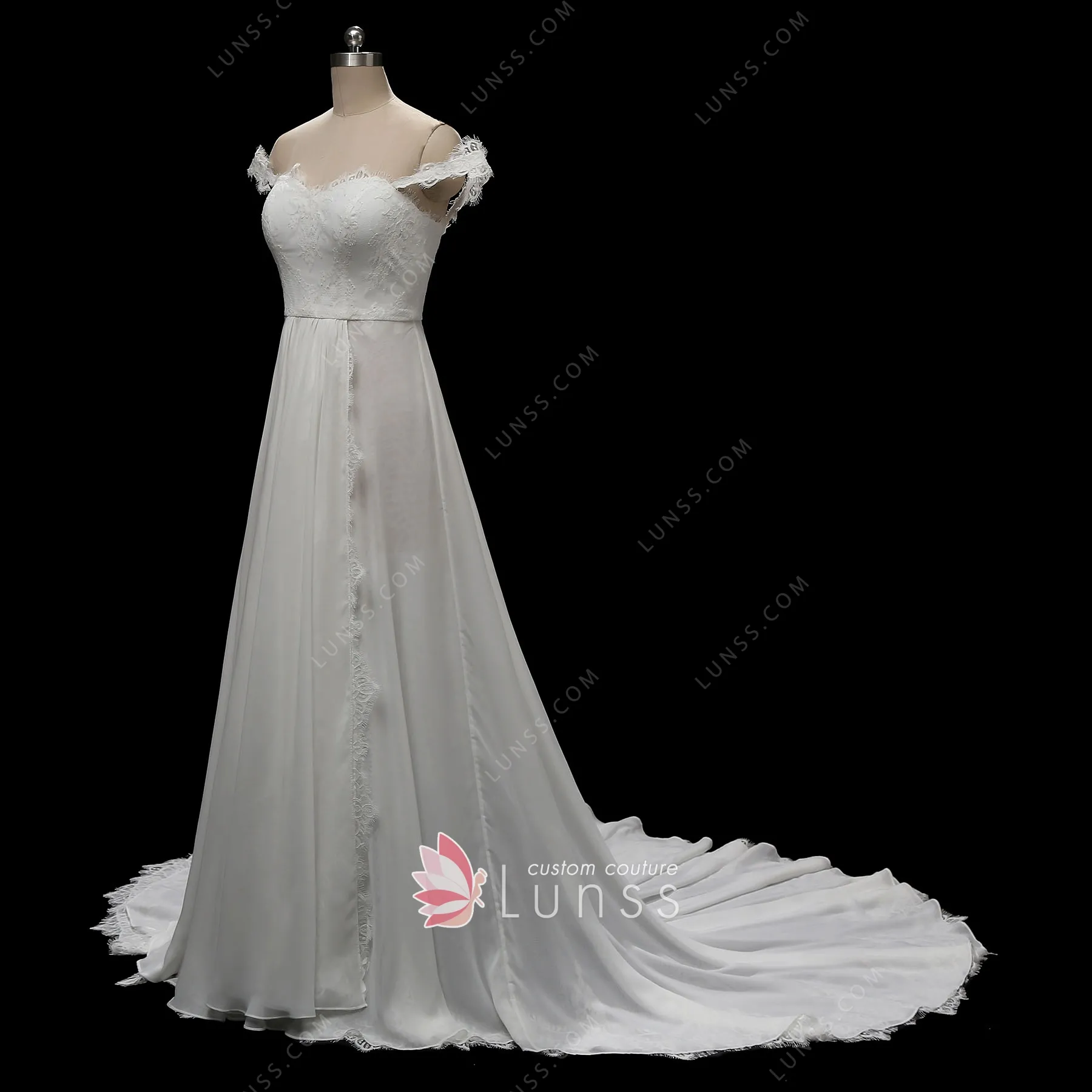 Elegant Off-the-Shoulder Lace Top Chiffon Dress Taupe