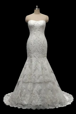 ivory strapless lace body hugging trumpet wedding dress