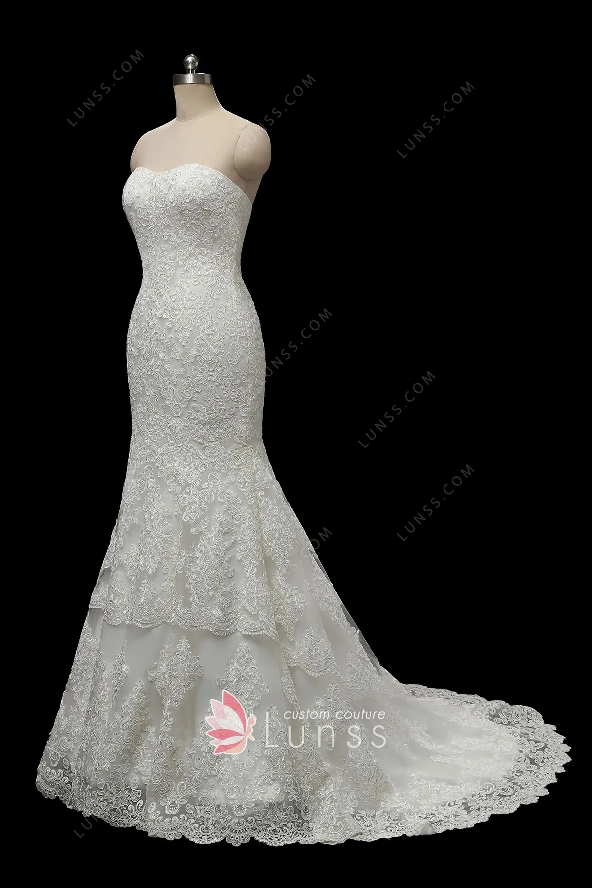 Ivory Strapless Lace Body hugging Trumpet Wedding Dress Lunss