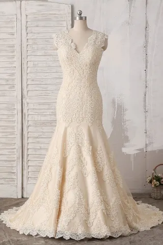 timeless champagne lace cap sleeve mermaid wedding dress