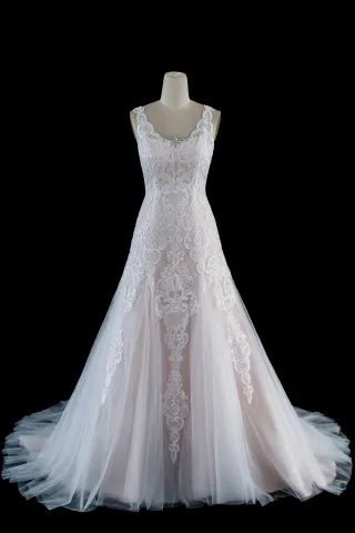 lace and tulle overlay blush chapel train wedding dress