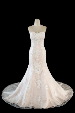 blush mermaid wedding dress with ivory lace overlay