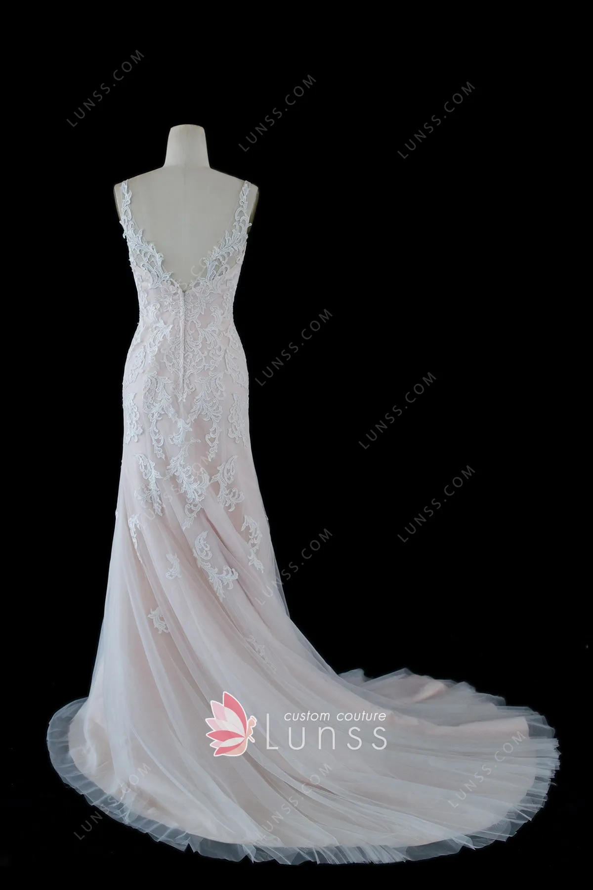 Timeless Blush Satin Lace Tulle Mermaid Wedding Dress Lunss