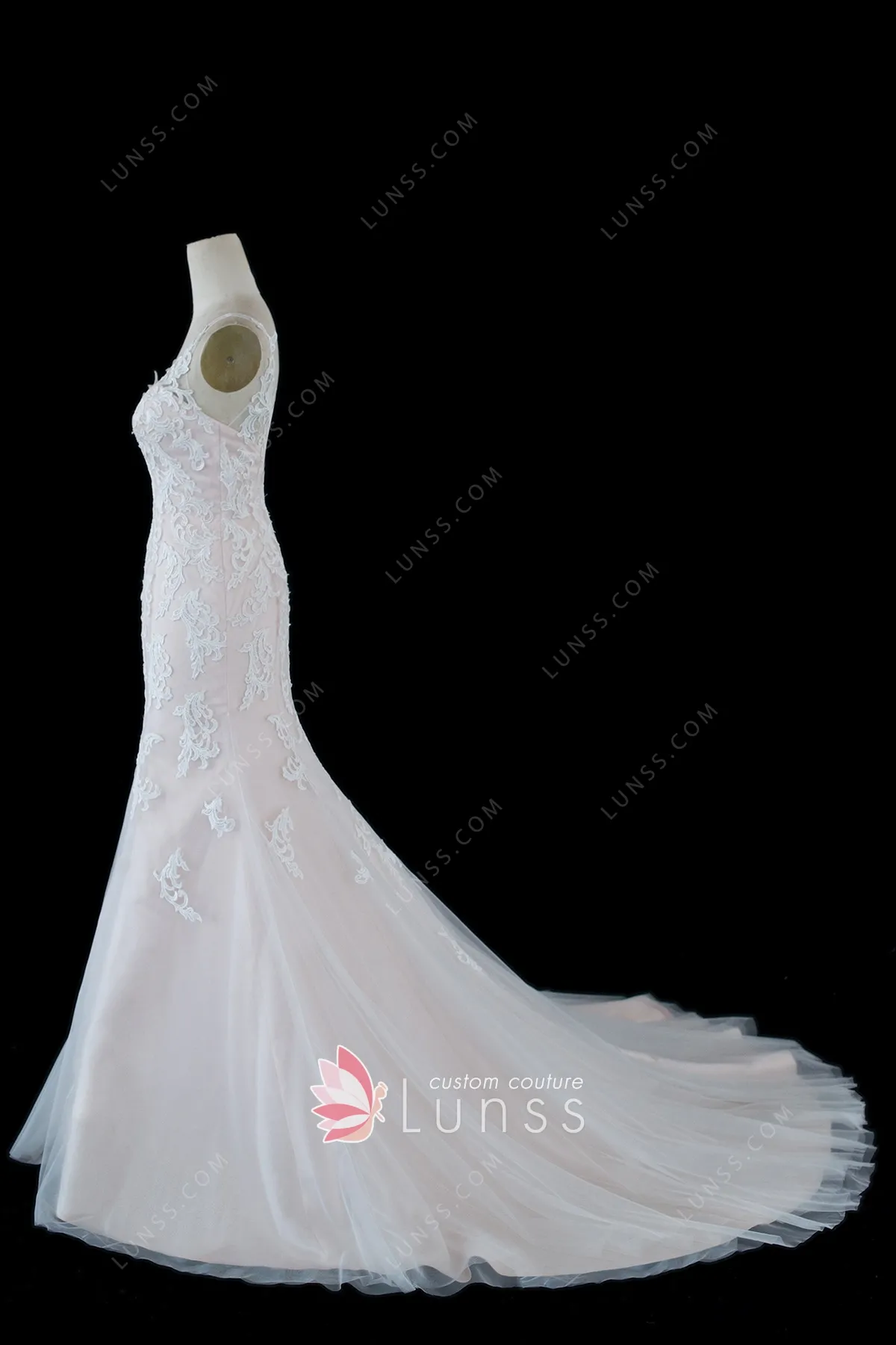 Timeless Blush Satin Lace Tulle Mermaid Wedding Dress Lunss