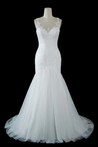 illusion sequinned lace neckline trumpet wedding dress