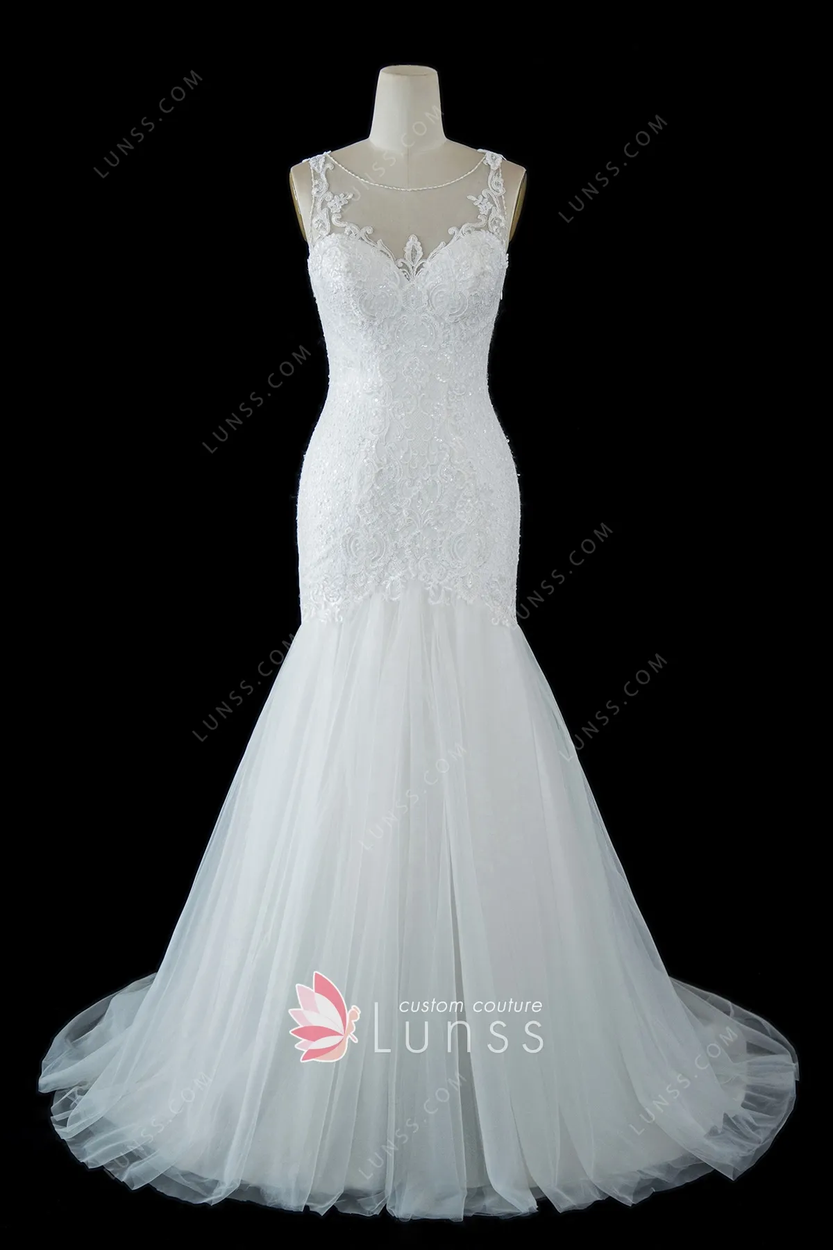 Illusion Sequinned Lace Neckline Trumpet Wedding Dress Lunss