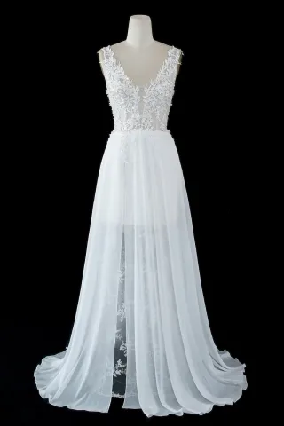 sheer lace and chiffon see through beach wedding dress