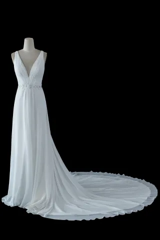 ruched plunging neckline beaded chiffon long wedding gown