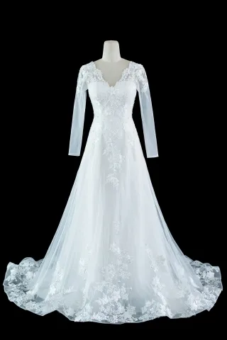 amazing pearls 3d flowers lace tulle sleeved bridal dress