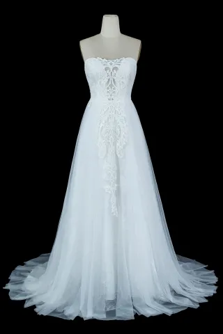 exclusive simple ivory lace strapless a line wedding gown