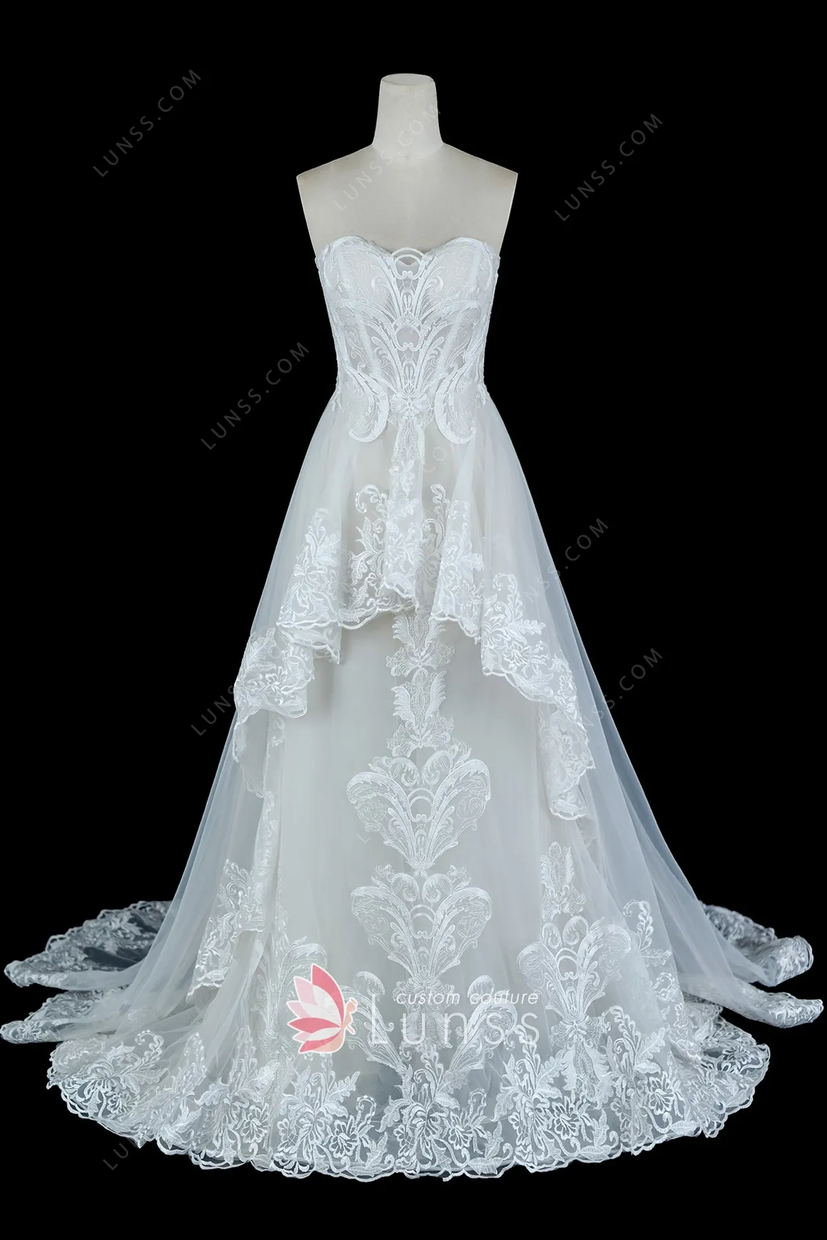 Unique Pattern Ivory Lace Layered Overskirt Wedding Dress Lunss