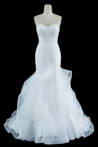 beaded ivory lace ruffled tulle mermaid wedding dress