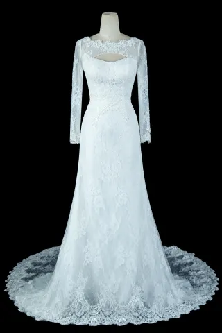 double neckline long sleeve beaded lace wedding dress