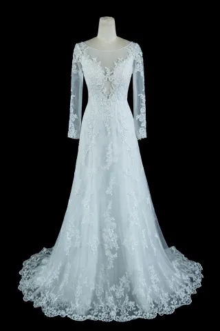 pearled illusion neckline long sleeve lace wedding dress