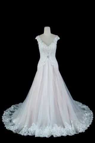 blush inner ivory beaded lace overlay mermaid bridal gown