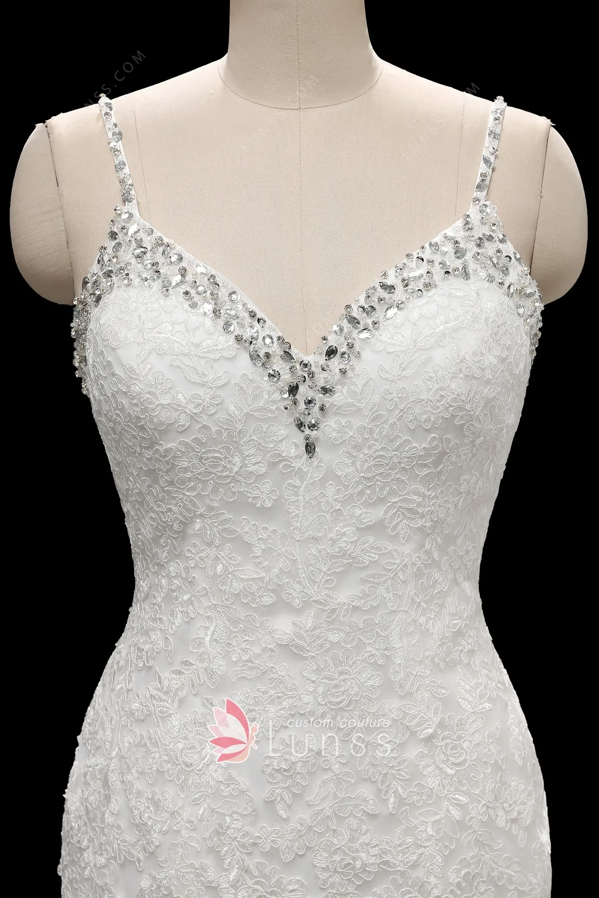 Luxury Beaded V-neckline Ivory Lace Mermaid Wedding Dress - Lunss