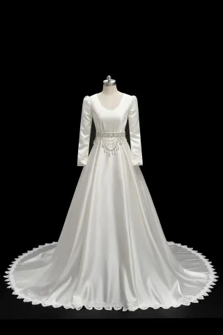 ivory satin long sleeve scalloped lace trim wedding dress