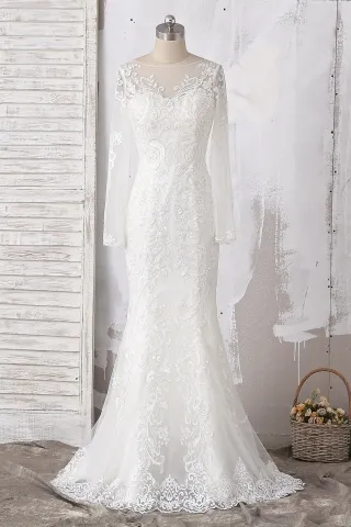 romantic floral illusion long sleeve mermaid bridal dress