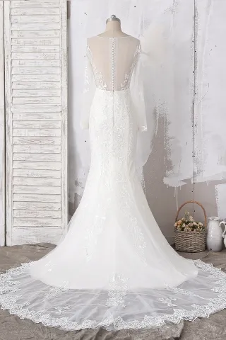 romantic floral long sleeve illusion back wedding dress