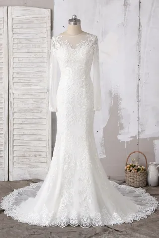 romantic lace mermaid wedding gown with long sleeves