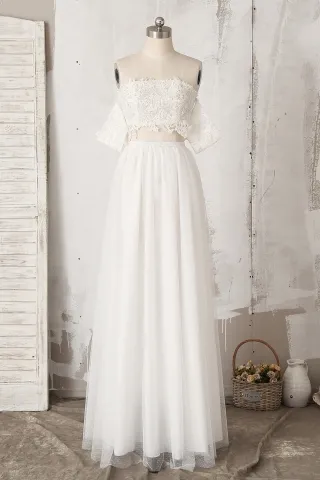 ivory lace dots tulle two piece beach wedding dress