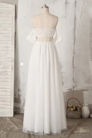 off the shoulder lace top dotted tulle skirt twoo piece bridal dress