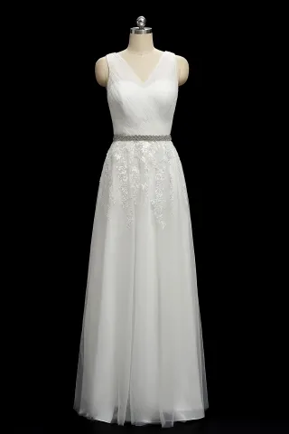 pleated tulle v neck lace appliqued a line wedding dress