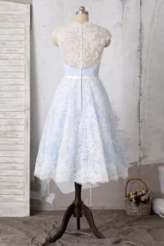 buttons illusion lace back blue short bridal dress