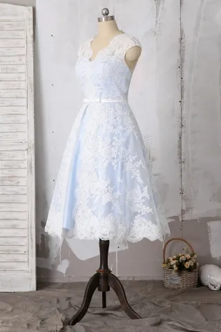 scalloped ivory lace overlay short blue bridal gown