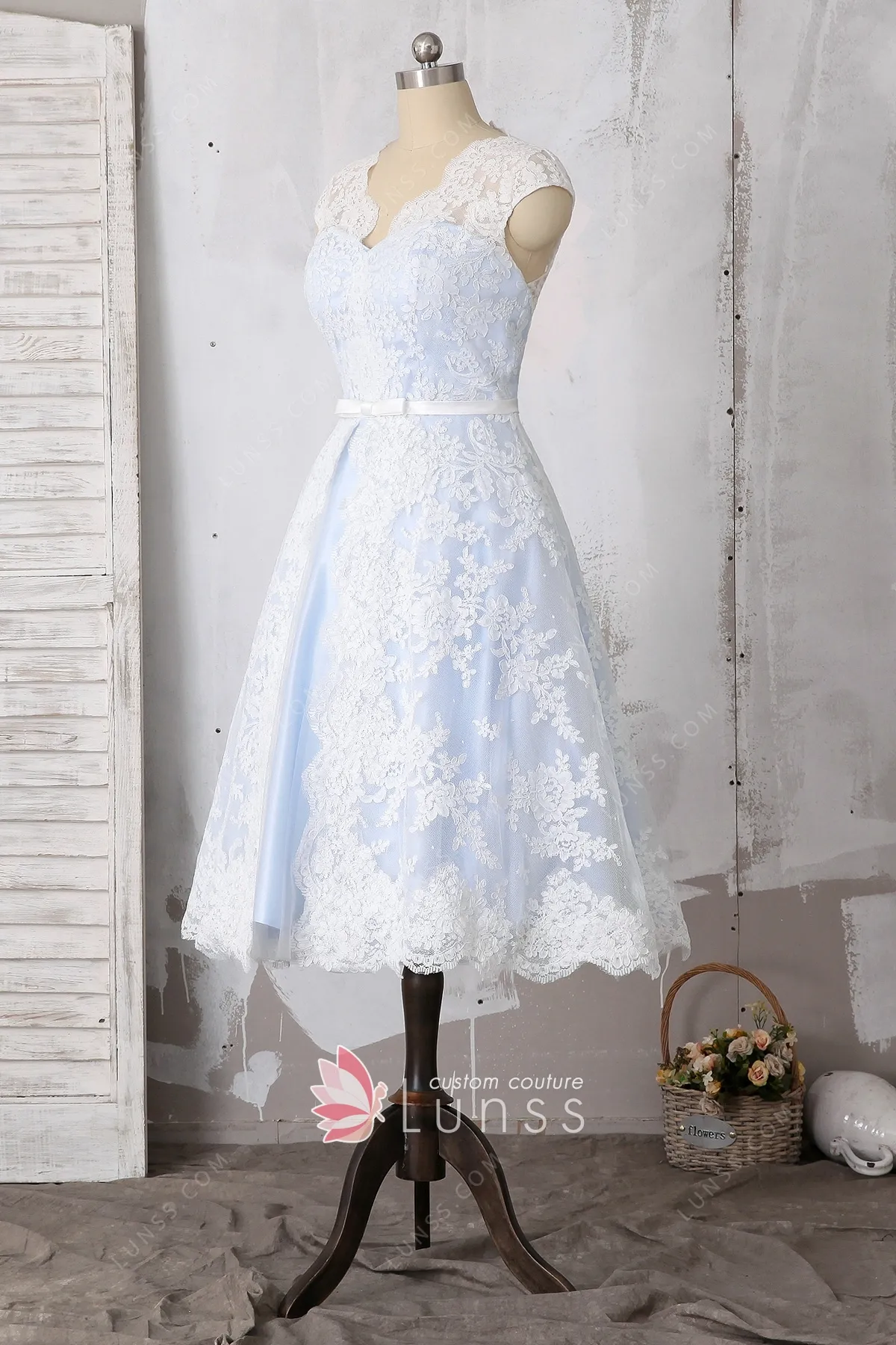 light blue tea length wedding dresses