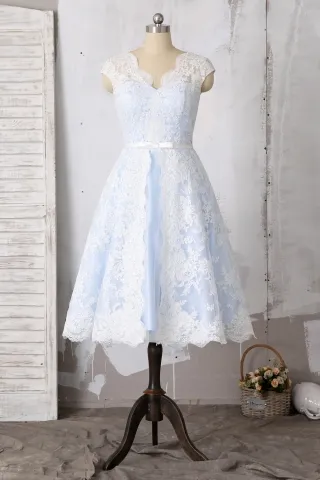 sky blue inner ivory lace overlay short bridal dress