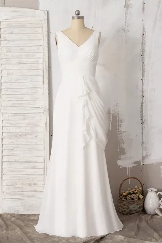 side draped ivory chiffon v neck a line wedding dress