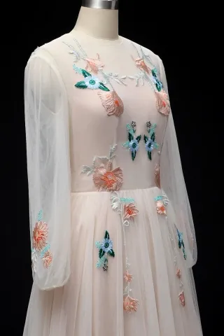 sheer long sleeves pink tulle dress with embroidered flowers embellishment