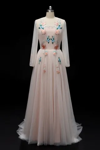 vintage embroidered flower pink long sleeve evening dress