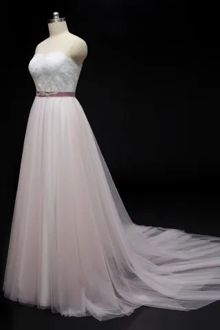 ivory lace pink nude tulle wedding dress