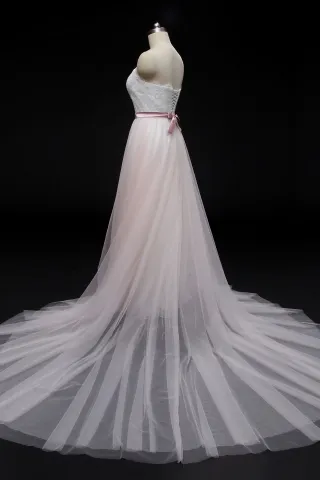 strapless sweetheart lace tulle chapel train A line weeding dress