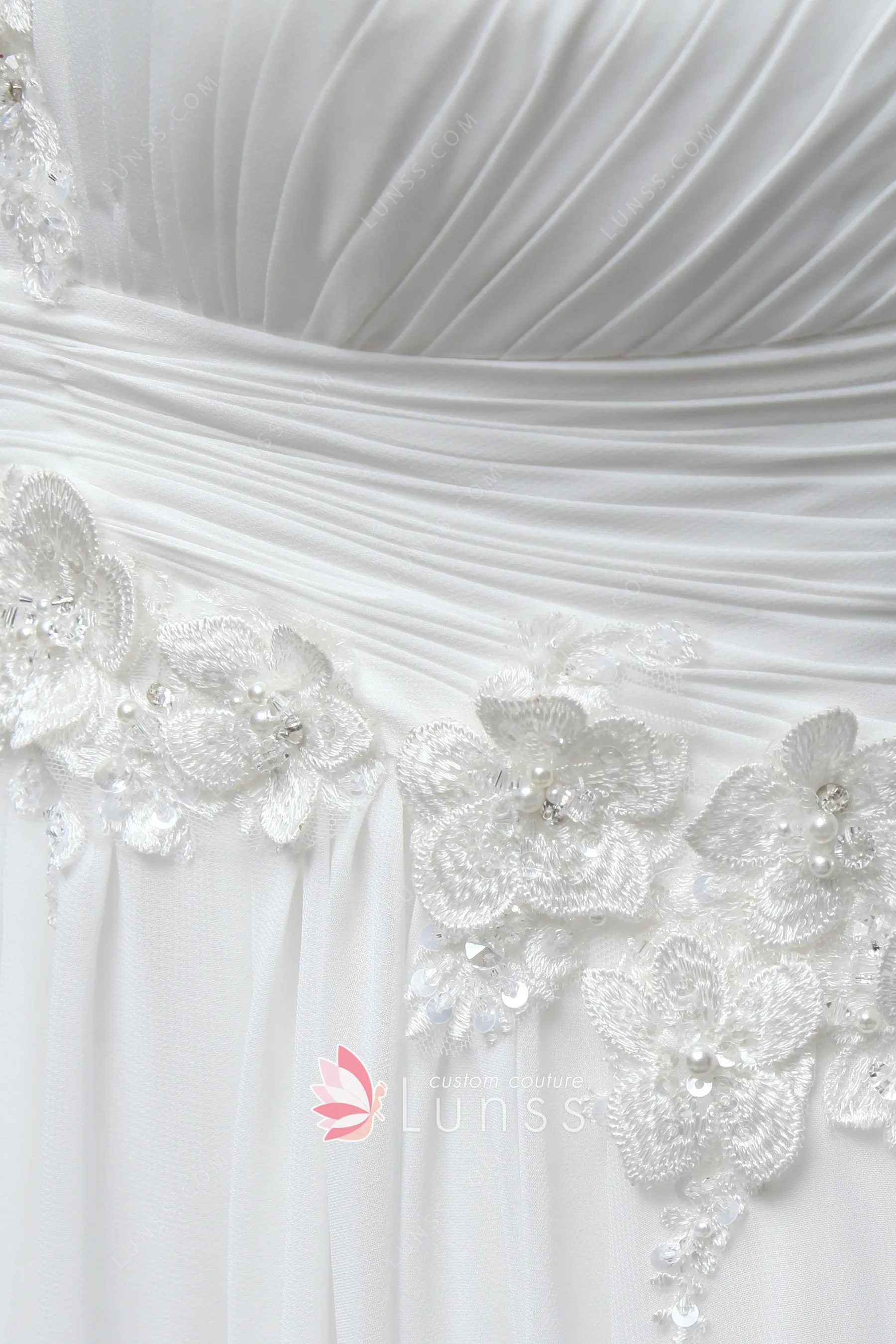 Elegant Flower Appliqued Chiffon Dress with Pleated Peacock