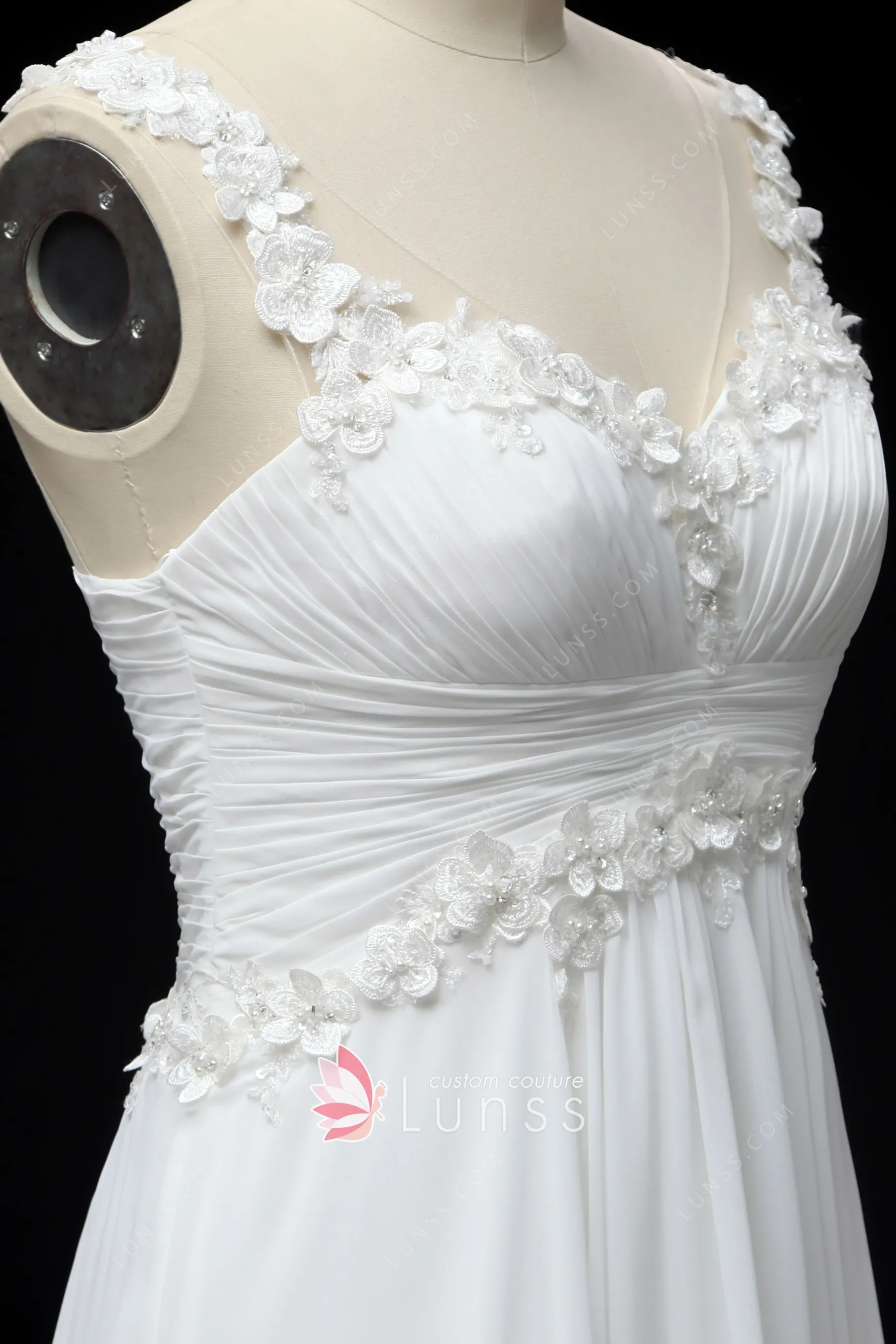 Elegant Flower Appliqued Chiffon Dress with Pleated Rust