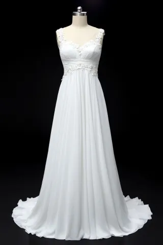 floral empire waist pleated ivory chiffon wedding dress