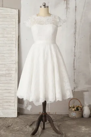 ivory lace illusion neck knee length short bridal dress
