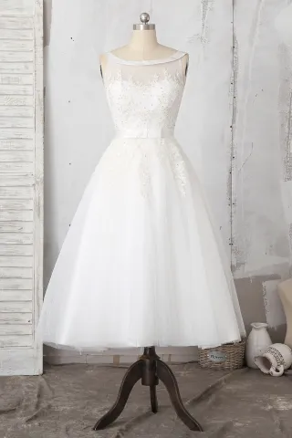ivory beaded lace bateau neck tea length bridal gown