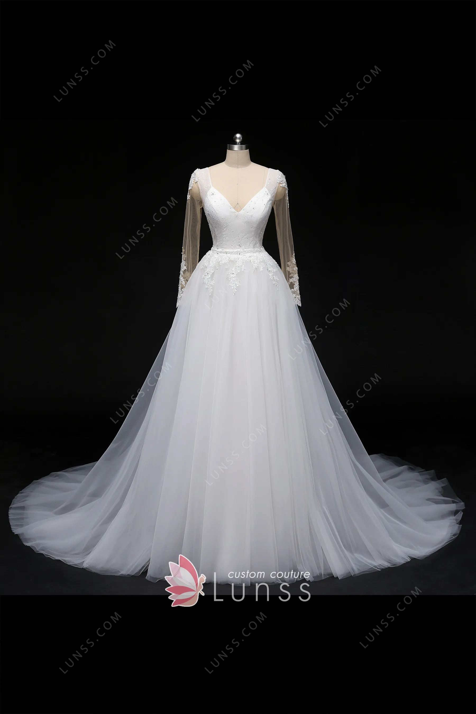 beaded lace sheer tulle sleeve vintage 2 in 1 bridal gown
