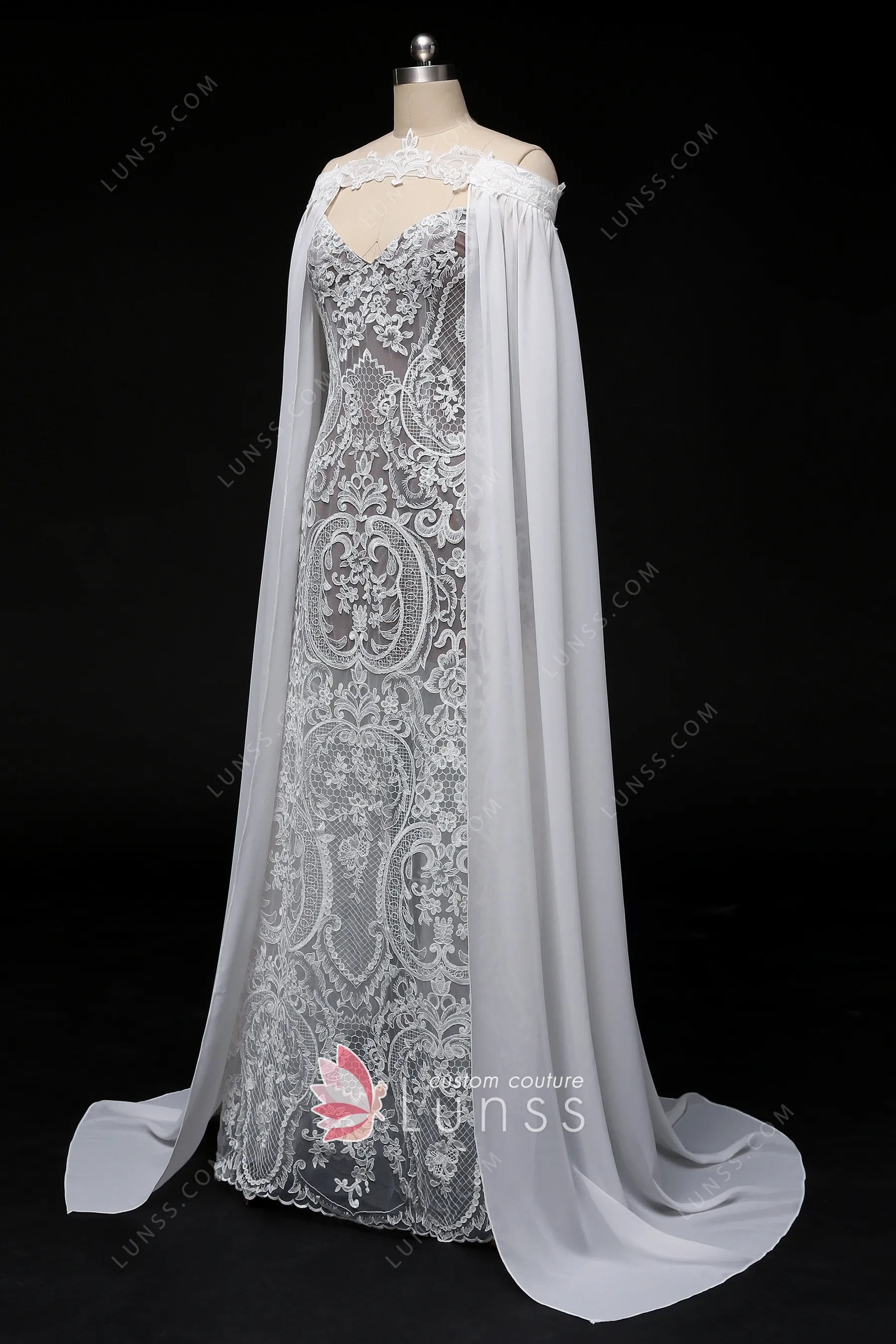 Unique Lace Bridal Gown with Detachable Chiffon Cape - Lunss