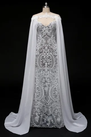 unique lace bridal gown with detachable chiffon cape