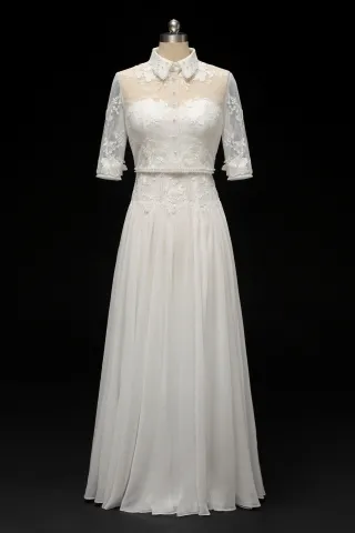 pearled lace and chiffon slit wedding dress with bolero