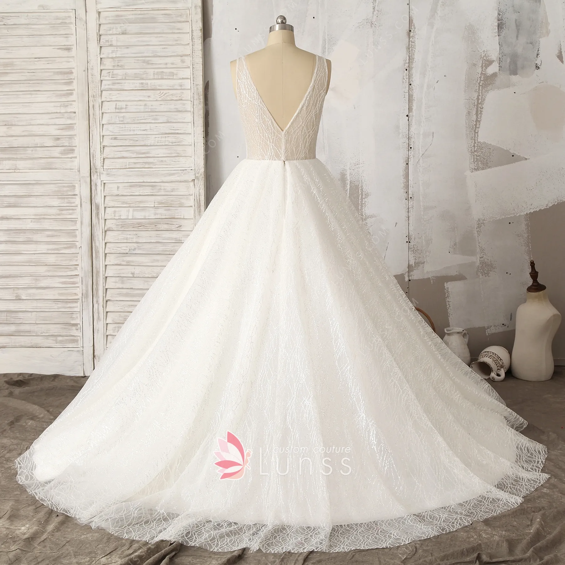 Sparkly Glitter Fabric Ivory Ball Gown Wedding Dress - Lunss